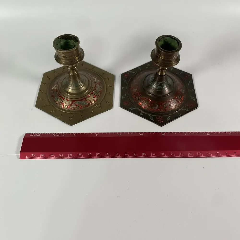 Vintage Indian Enamel Metal Candlestick Pair Hexagon Multicolor Tabletop Decor